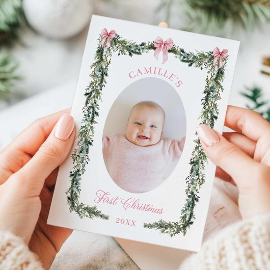 Elegante eerste kerstbaby meisje fotokaart kaart
