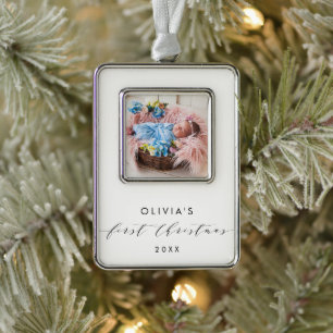 Elegante Eerste Kerstdag Foto Verzilverd Omlijst Ornament