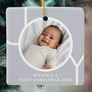 Elegante Eerste Kerstmis Foto van Baby Jongen Grij Keramisch Ornament