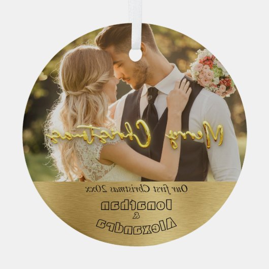 Elegante eerste Kerstmis Luxe goud Moderne foto Glas Ornament (Achterkant)