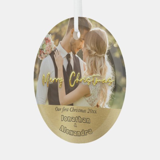 Elegante eerste Kerstmis Luxe goud Moderne foto Glas Ornament (Voorkant links)