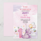 Elegante eerste verjaardag Paarse dinosaurus en bi Kaart (Voorkant / Achterkant)