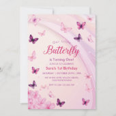 Elegante eerste verjaardag Pink Butterflies Party Kaart (Voorkant)