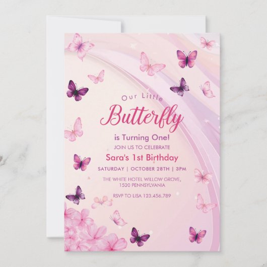 Elegante eerste verjaardag Pink Butterflies Party Kaart (Voorkant)