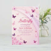 Elegante eerste verjaardag Pink Butterflies Party Kaart (Staand voorkant)