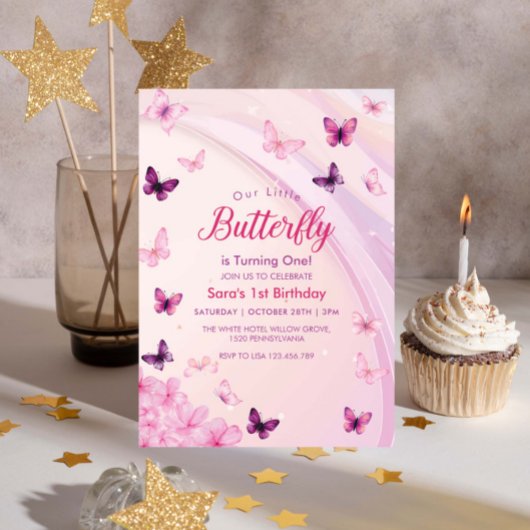 Elegante eerste verjaardag Pink Butterflies Party Kaart