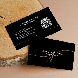 Elegante effen zwarte gouden script monogram QR-co Visitekaartje