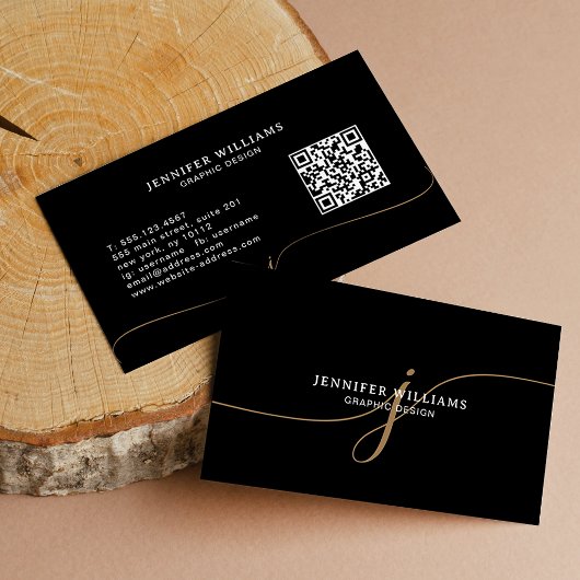 Elegante effen zwarte gouden script monogram QR-co Visitekaartje