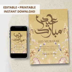Elegante Eid Mubarak bloemkaart - Gouden Mandala's Feestdagenkaart