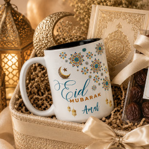 Elegante Eid Mubarak-calligrafie maan sterren op m Tweekleurige Koffiemok