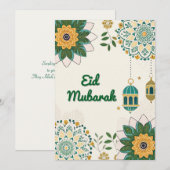 Elegante Eid Mubarak Kaart met Lantaarns en Bloeme (Voorkant / Achterkant)