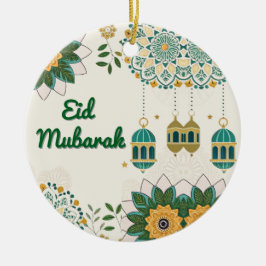 Elegante Eid Mubarak Kaart met Lantaarns en Bloeme Keramisch Ornament