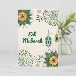 Elegante Eid Mubarak kaart met lantaarns en bloemm