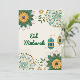Elegante Eid Mubarak kaart met lantaarns en bloemm
