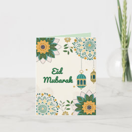 Elegante Eid Mubarak kaart met lantaarns en bloemm