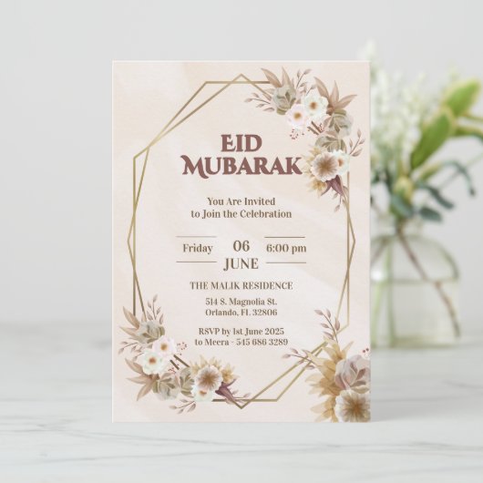 elegante eid mubarak uitnodiging Floral Beige Mosl (Staand voorkant)