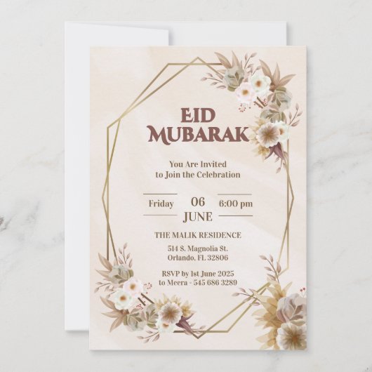 elegante eid mubarak uitnodiging Floral Beige Musl (Voorkant)