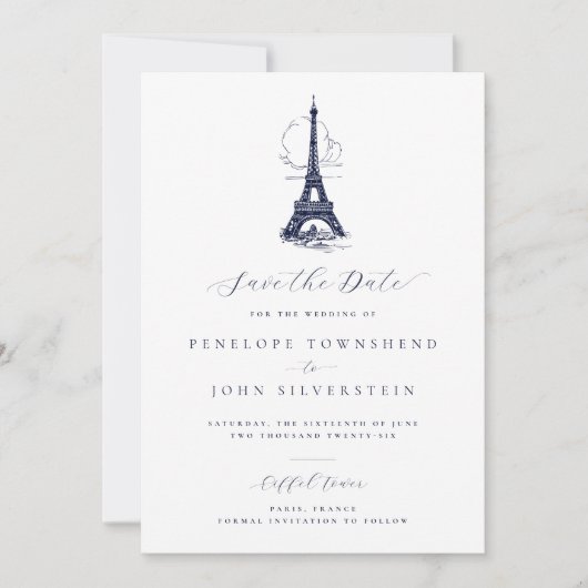 Elegante  Eiffeltoren Illustratie Huwelijk Save The Date (Voorkant)