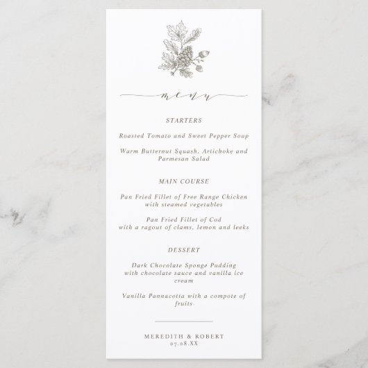 Elegante Eikel & Denneappel Script Herfst Bruiloft Menu (Voorkant)