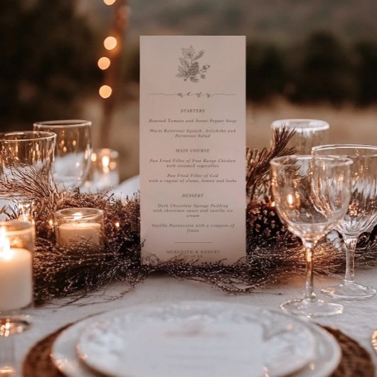 Elegante Eikel & Denneappel Script Herfst Bruiloft Menu
