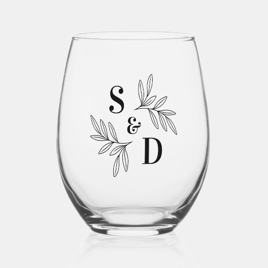 Elegante elke kleur bruiloft monogram groen blader wijnglas zonder voet (Voorkant)