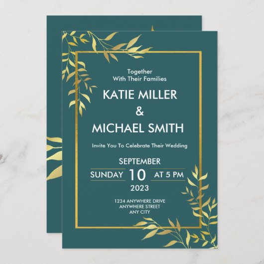 Elegante Emeral Green & Gold Moderne bruiloft Kaart (Voorkant / Achterkant)