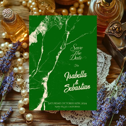 Elegante Emerald & Champagne Marmer Save the Date Kaart