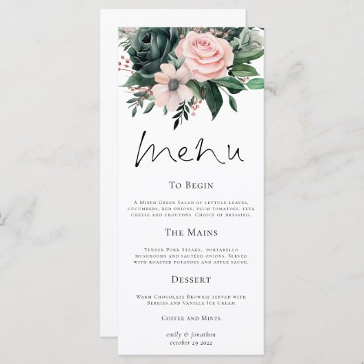 Elegante Emerald en Blush Bloemen bruiloft Menu (Voorkant / Achterkant)