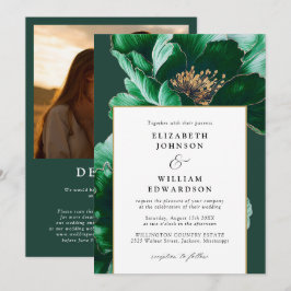 Elegante Emerald Gold Bloemen Foto QR Code Huwelij Kaart