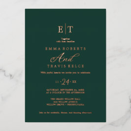 Elegante Emerald & Gold Folie Monogram Huwelijk Uitnodiging