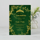 Elegante Emerald Gold Leaf Krans Quinceanera Folie Uitnodiging (Staand Voorkant)
