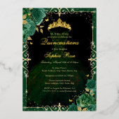 Elegante Emerald Gold Roos jurk Quinceanera Folie Uitnodiging (Voorkant)