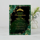 Elegante Emerald Gold Roos jurk Quinceanera Folie Uitnodiging (Staand Voorkant)