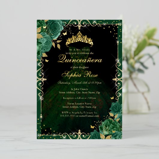 Elegante Emerald Gold Roos jurk Quinceanera Folie Uitnodiging (Staand Voorkant)