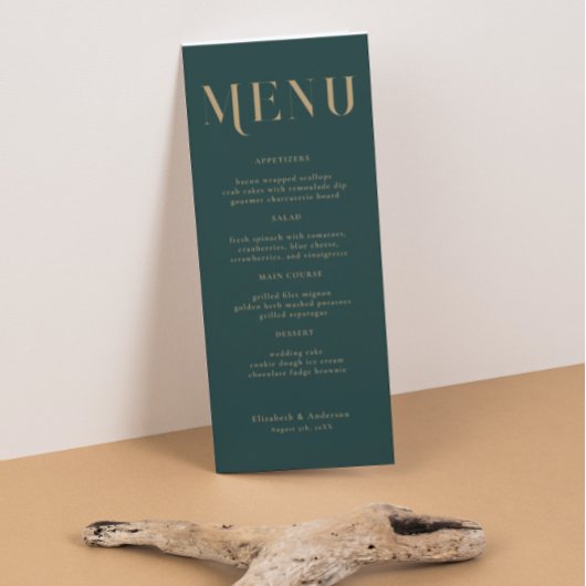 Elegante Emerald Gold Typografie Bruiloft Menu