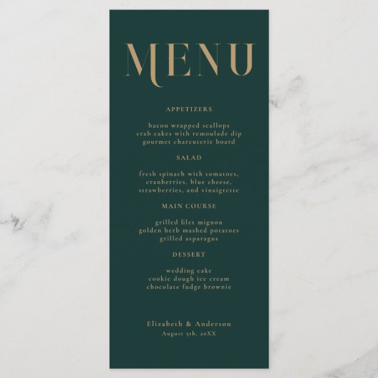 Elegante Emerald Gold Typografie Bruiloft Menu (Voorkant)