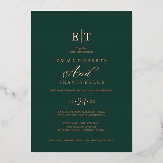 Elegante Emerald & Goud Folie Monogram Huwelijk Uitnodiging (Voorkant)