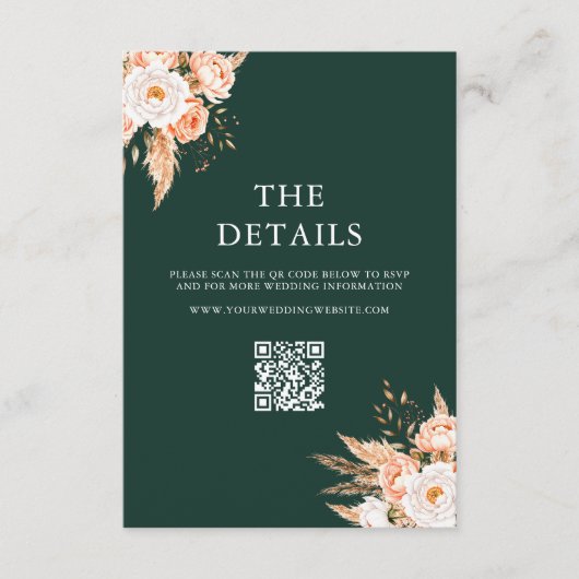 Elegante Emerald Green Boho Chic Bloemen Huwelijk Informatiekaartje (Voorkant)