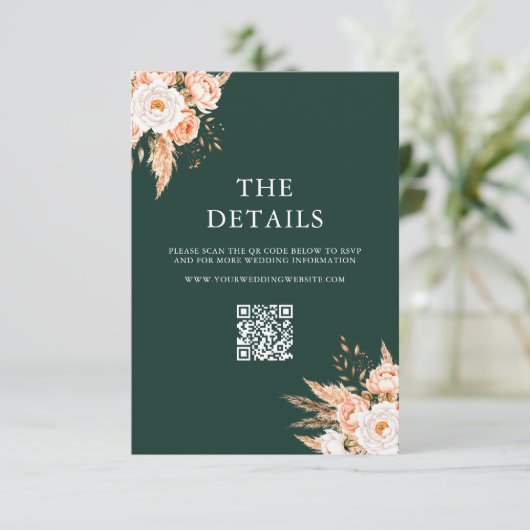 Elegante Emerald Green Boho Chic Bloemen Huwelijk Informatiekaartje (Staand voorkant)