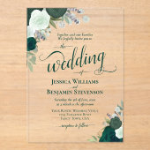 Elegante Emerald Green Boho Rozen Fancy bruiloft Acryl Uitnodigingen (Voorkant)