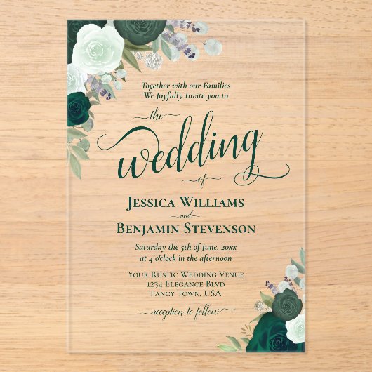 Elegante Emerald Green Boho Rozen Fancy bruiloft Acryl Uitnodigingen (Voorkant)