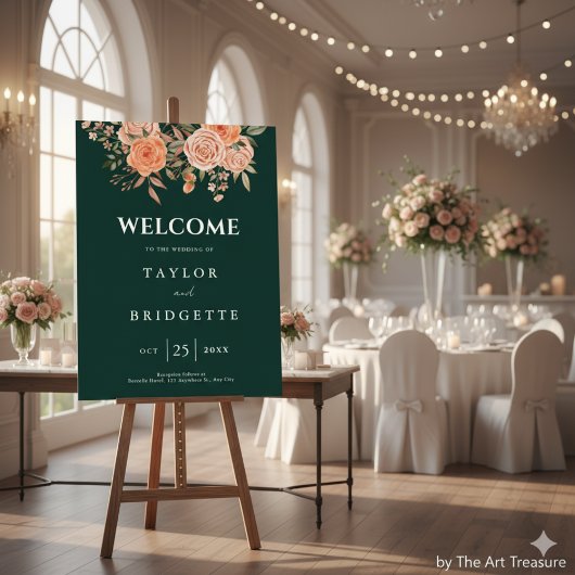 Elegante Emerald Green Floral Fall Wedding Welkom Poster