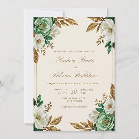 Elegante Emerald Green Floral Moslim bruiloft Kaart (Voorkant)