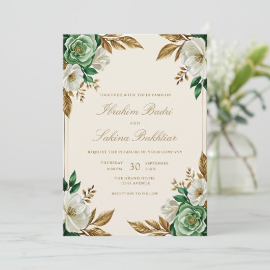 Elegante Emerald Green Floral Moslim bruiloft Kaart (Staand voorkant)
