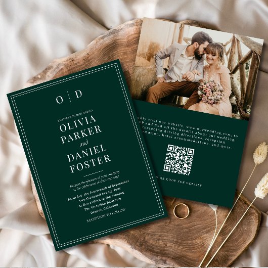 Elegante Emerald Green Foto QR Code Huwelijk Kaart