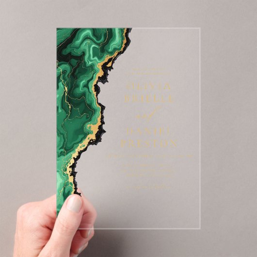 Elegante Emerald Green Gold Agate bruiloft Acryl Uitnodigingen (Insitu (Draagbaar))