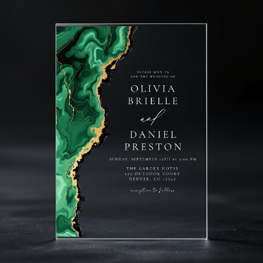 Elegante Emerald Green Gold Agate bruiloft Acryl Uitnodigingen