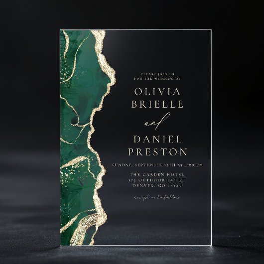 Elegante Emerald Green Gold Agate bruiloft Acryl Uitnodigingen