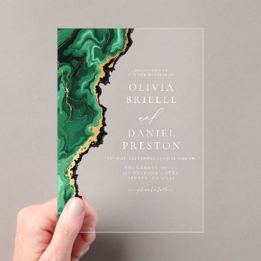 Elegante Emerald Green Gold Agate bruiloft Acryl Uitnodigingen (Insitu (Draagbaar))