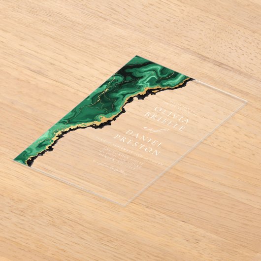 Elegante Emerald Green Gold Agate bruiloft Acryl Uitnodigingen (Laagn)